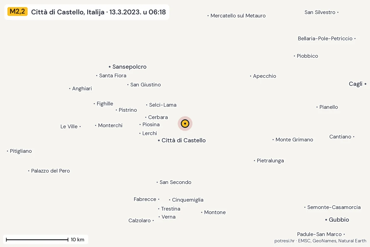Karta: okolica epicentra, 60 km, potres M2,2, Città di Castello, Italija, 13.3.2023.