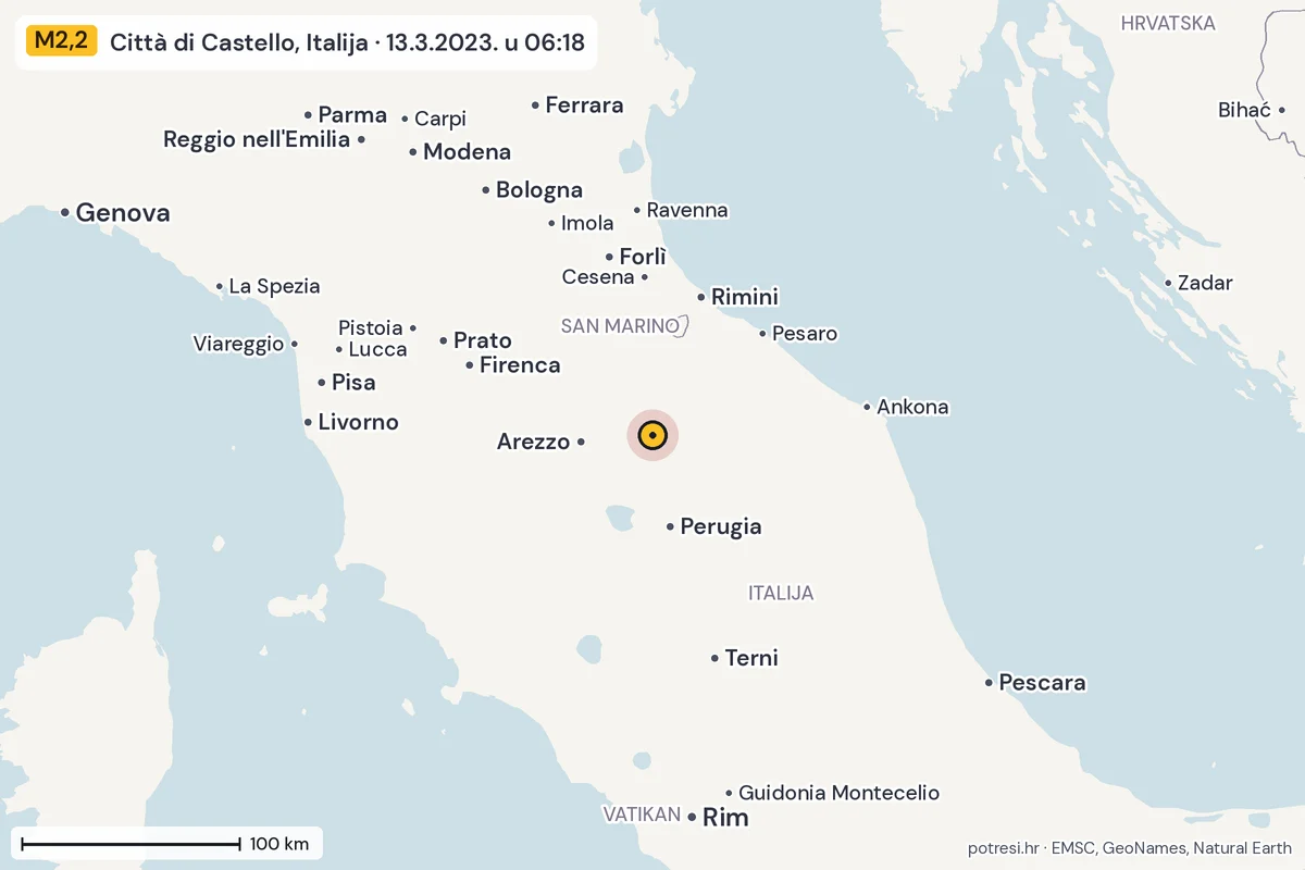 Karta: šire područje, 600 km, potres M2,2, Città di Castello, Italija, 13.3.2023.