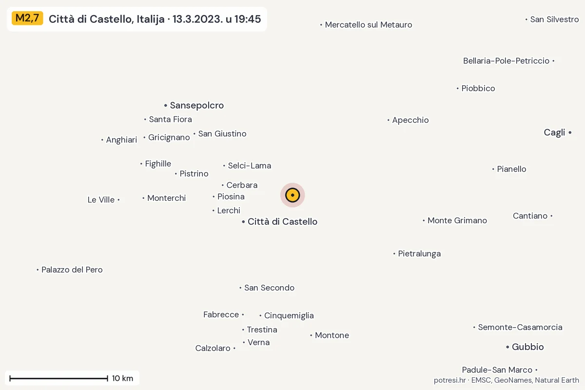 Karta: okolica epicentra, 60 km, potres M2,7, Città di Castello, Italija, 13.3.2023.