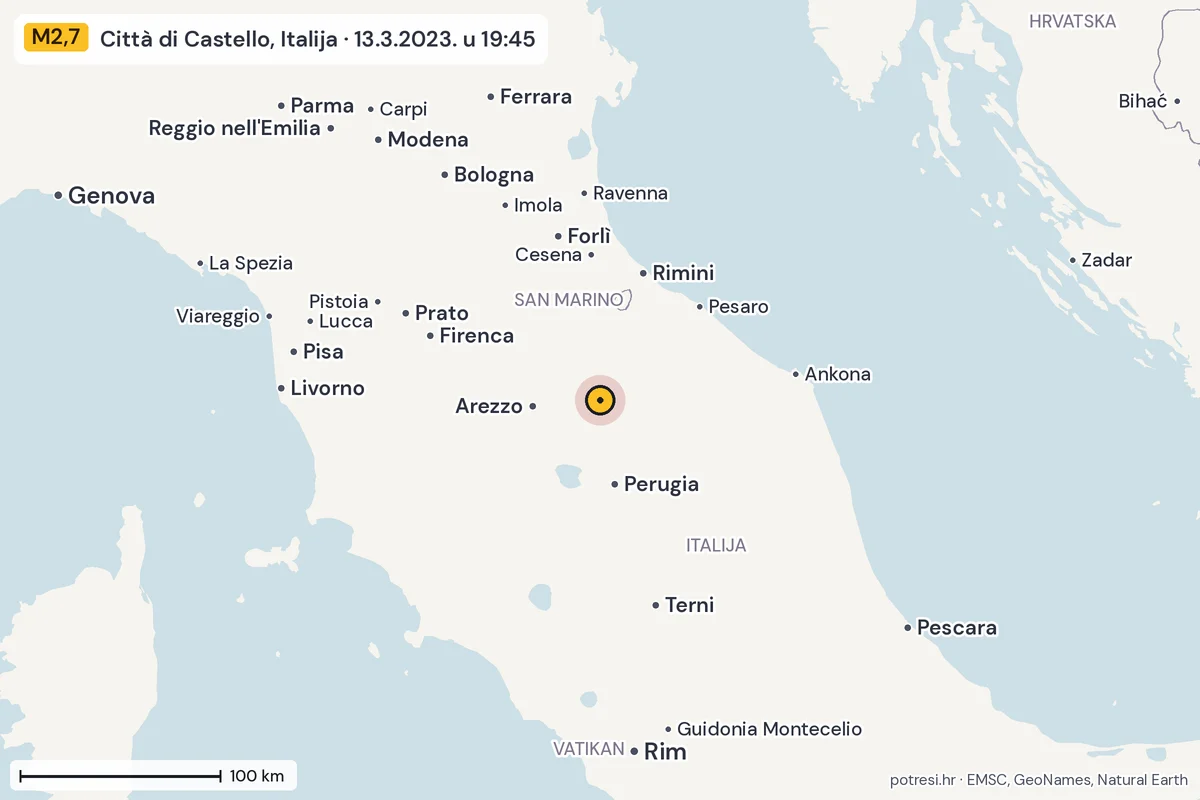Karta: šire područje, 600 km, potres M2,7, Città di Castello, Italija, 13.3.2023.