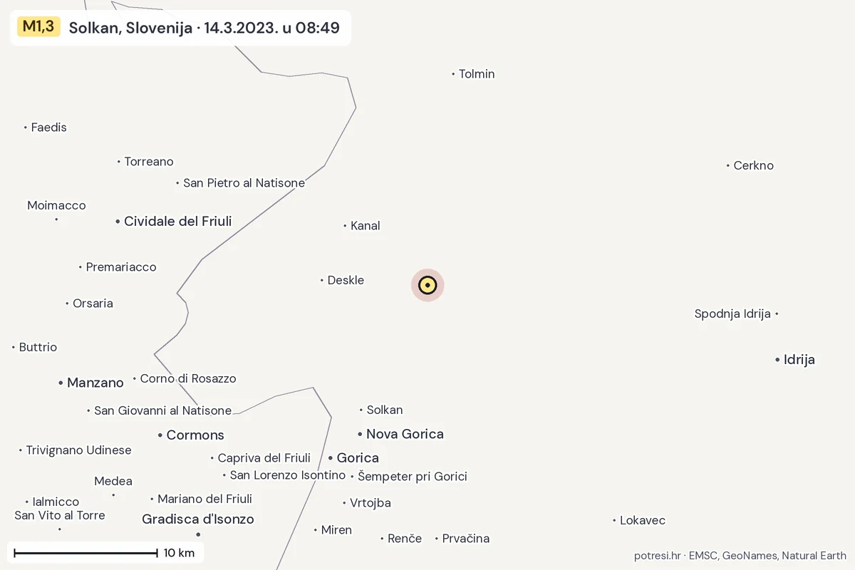 Karta: okolica epicentra, 60 km, potres M1,3, Solkan, Slovenija, 14.3.2023.