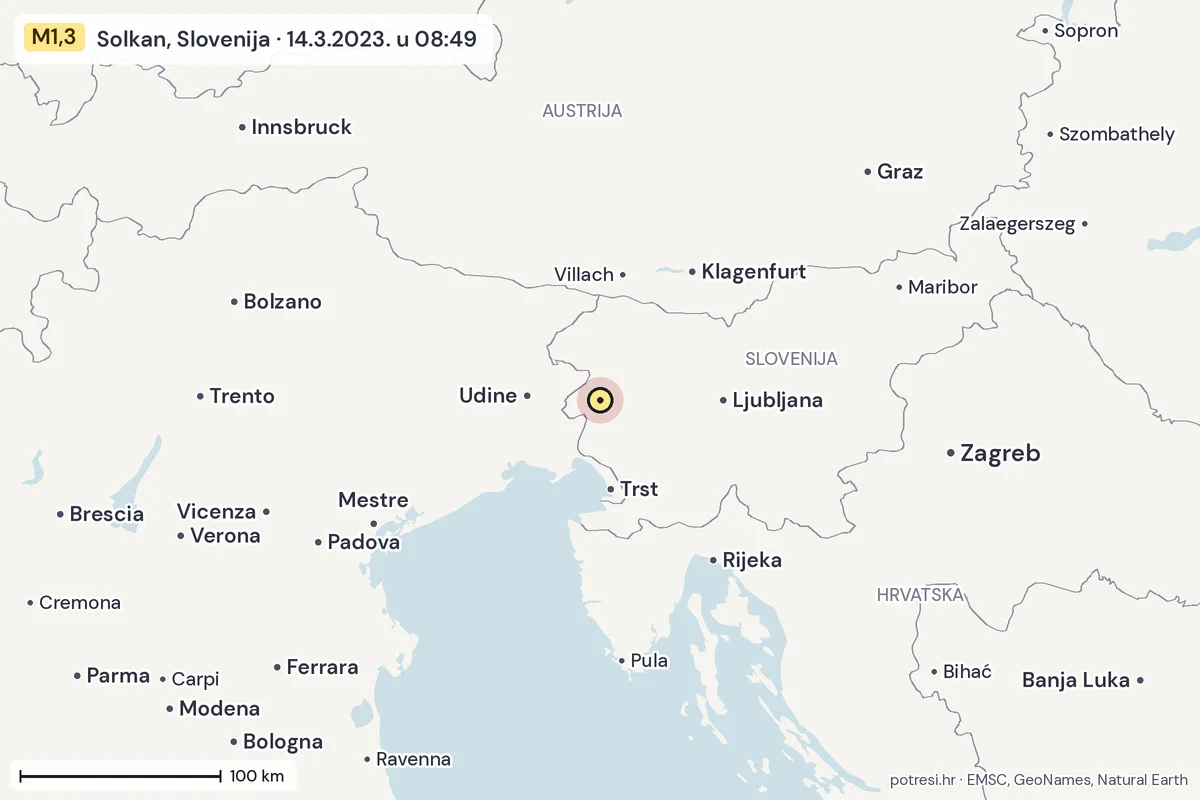 Karta: šire područje, 600 km, potres M1,3, Solkan, Slovenija, 14.3.2023.