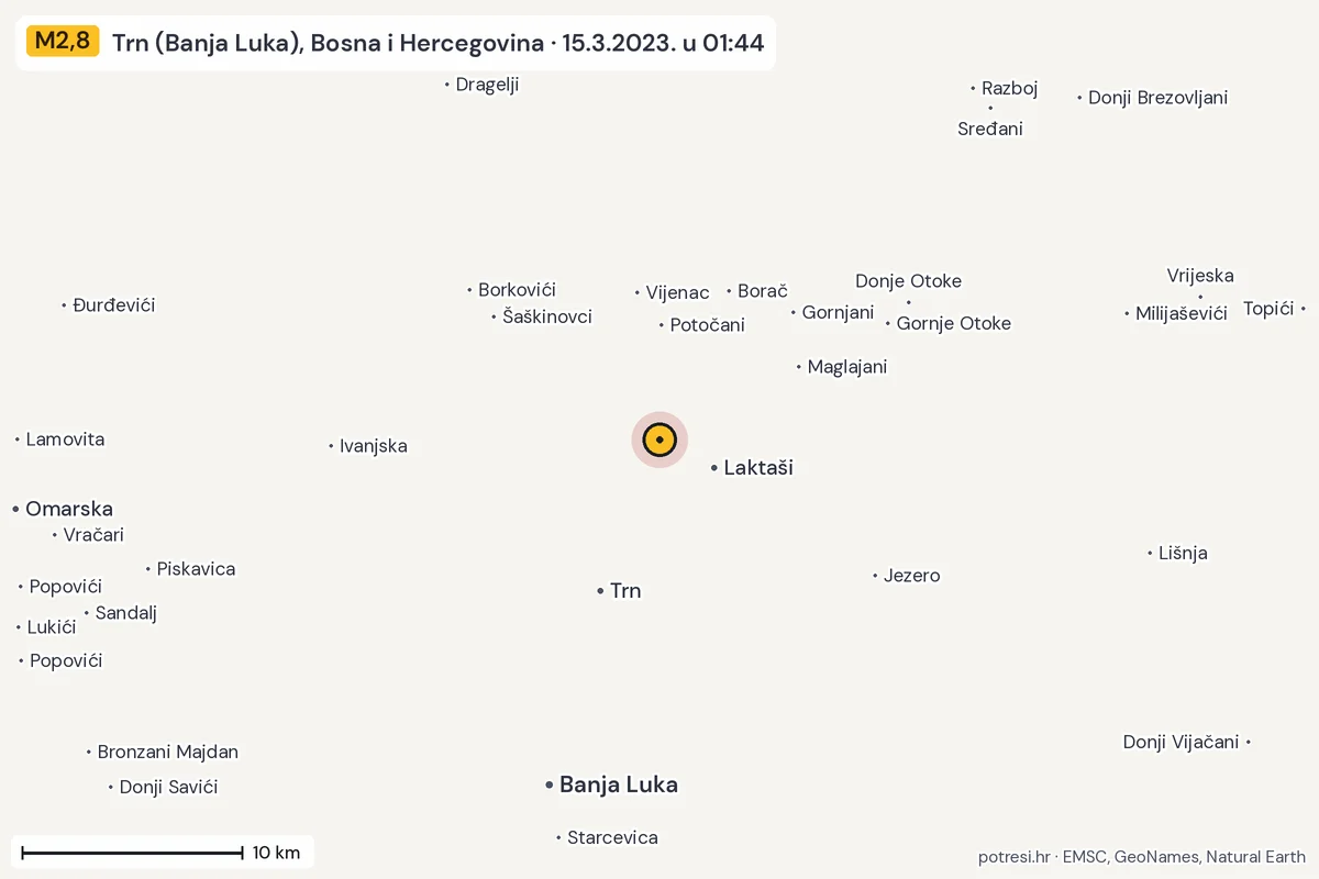 Karta: okolica epicentra, 60 km, potres M2,8, Trn (Banja Luka), Bosna i Hercegovina, 15.3.2023.