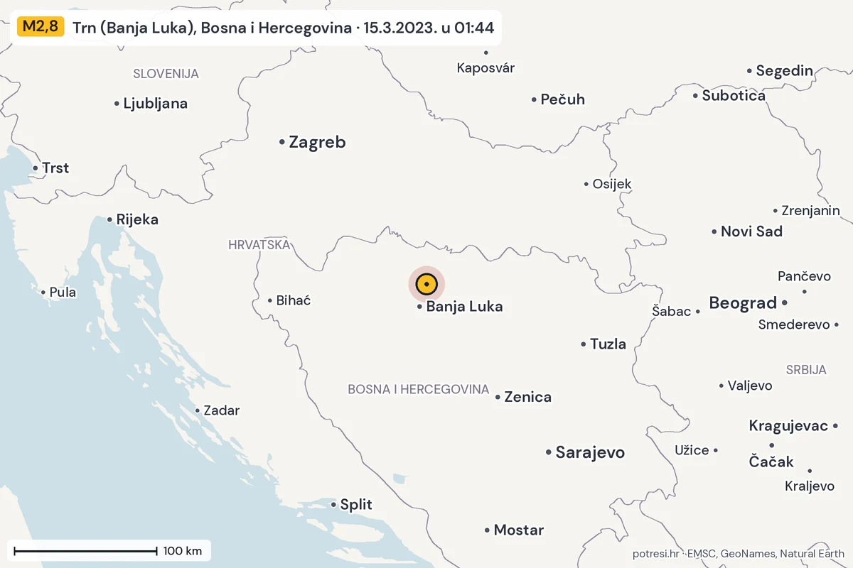Karta: šire područje, 600 km, potres M2,8, Trn (Banja Luka), Bosna i Hercegovina, 15.3.2023.