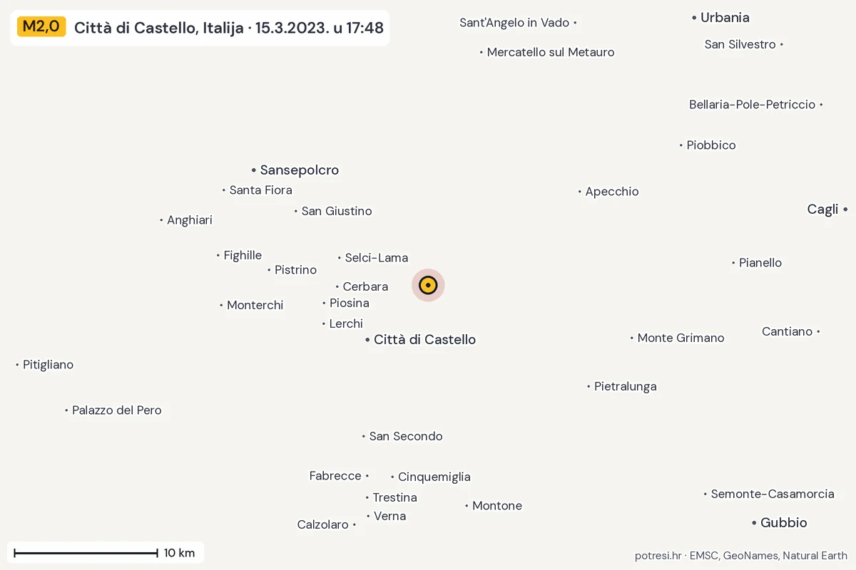 Karta: okolica epicentra, 60 km, potres M2,0, Città di Castello, Italija, 15.3.2023.