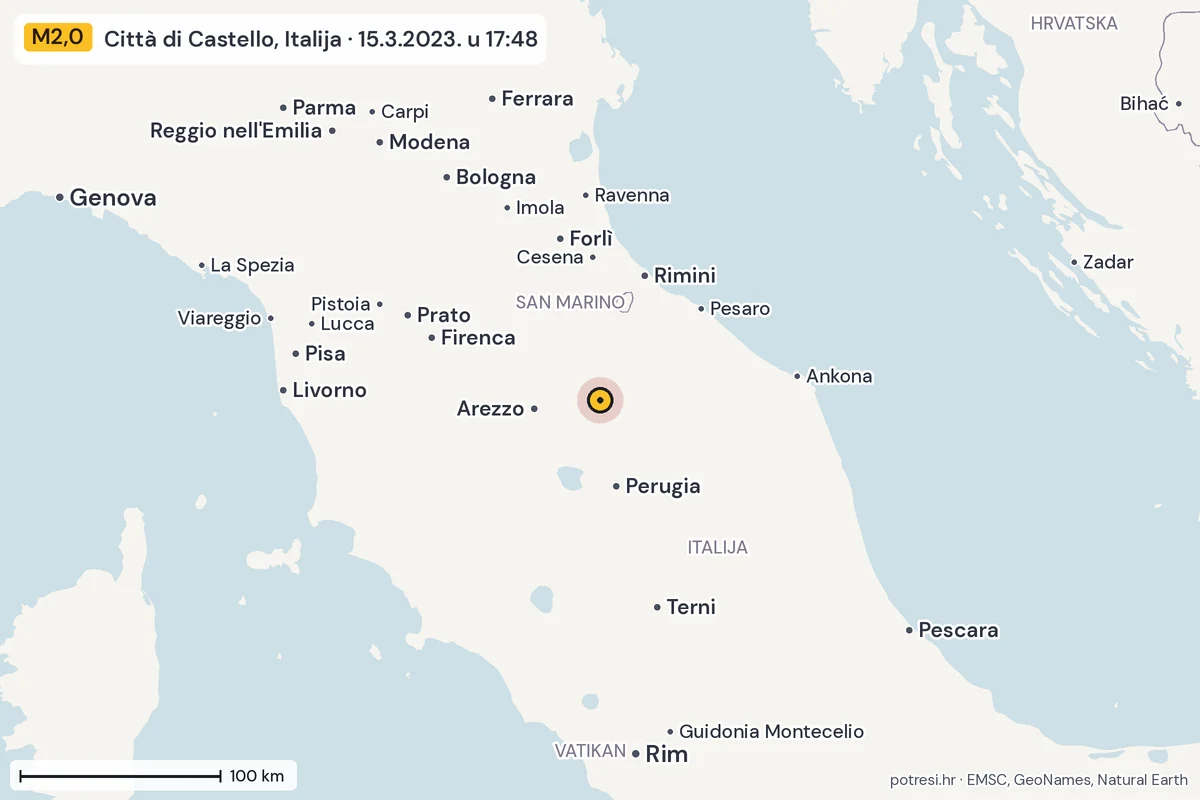 Karta: šire područje, 600 km, potres M2,0, Città di Castello, Italija, 15.3.2023.