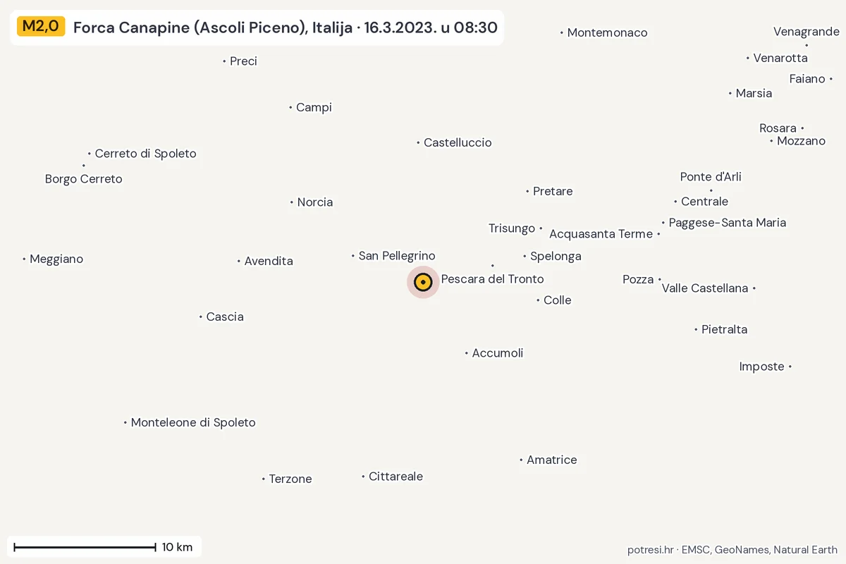 Karta: okolica epicentra, 60 km, potres M2,0, Forca Canapine (Ascoli Piceno), Italija, 16.3.2023.