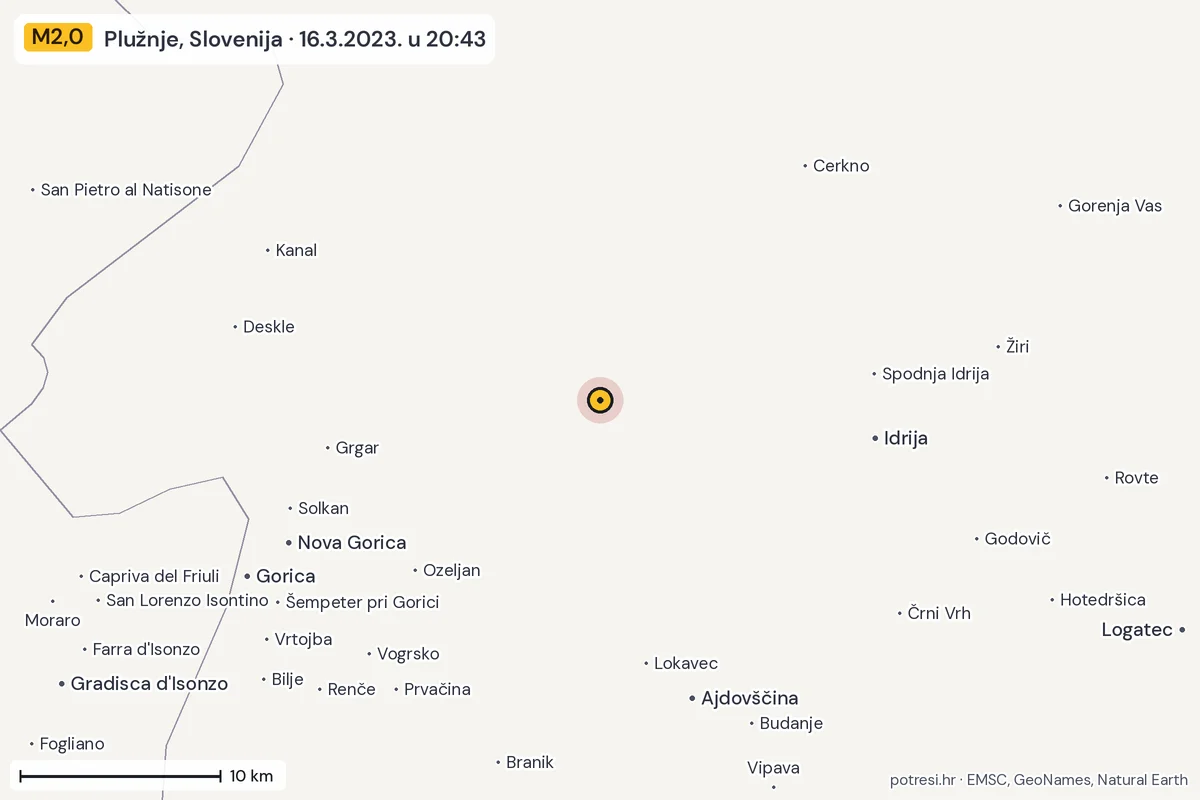 Karta: okolica epicentra, 60 km, potres M2,0, Plužnje, Slovenija, 16.3.2023.
