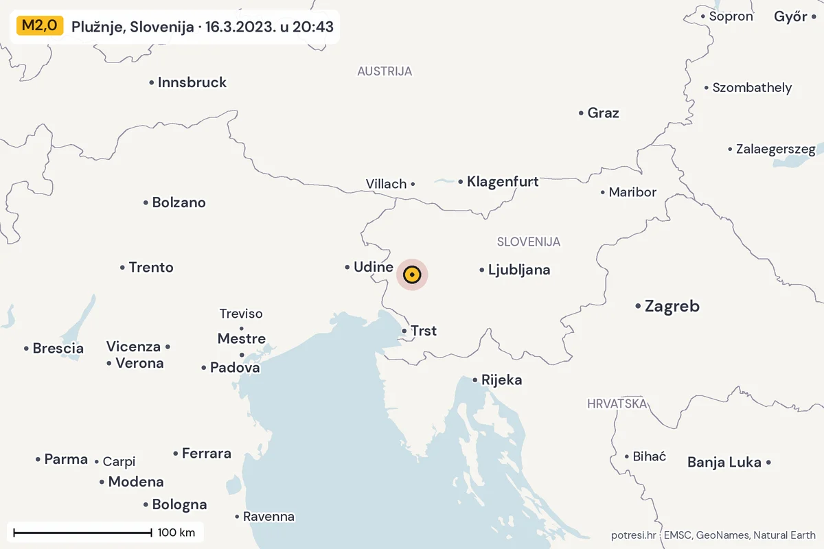 Karta: šire područje, 600 km, potres M2,0, Plužnje, Slovenija, 16.3.2023.