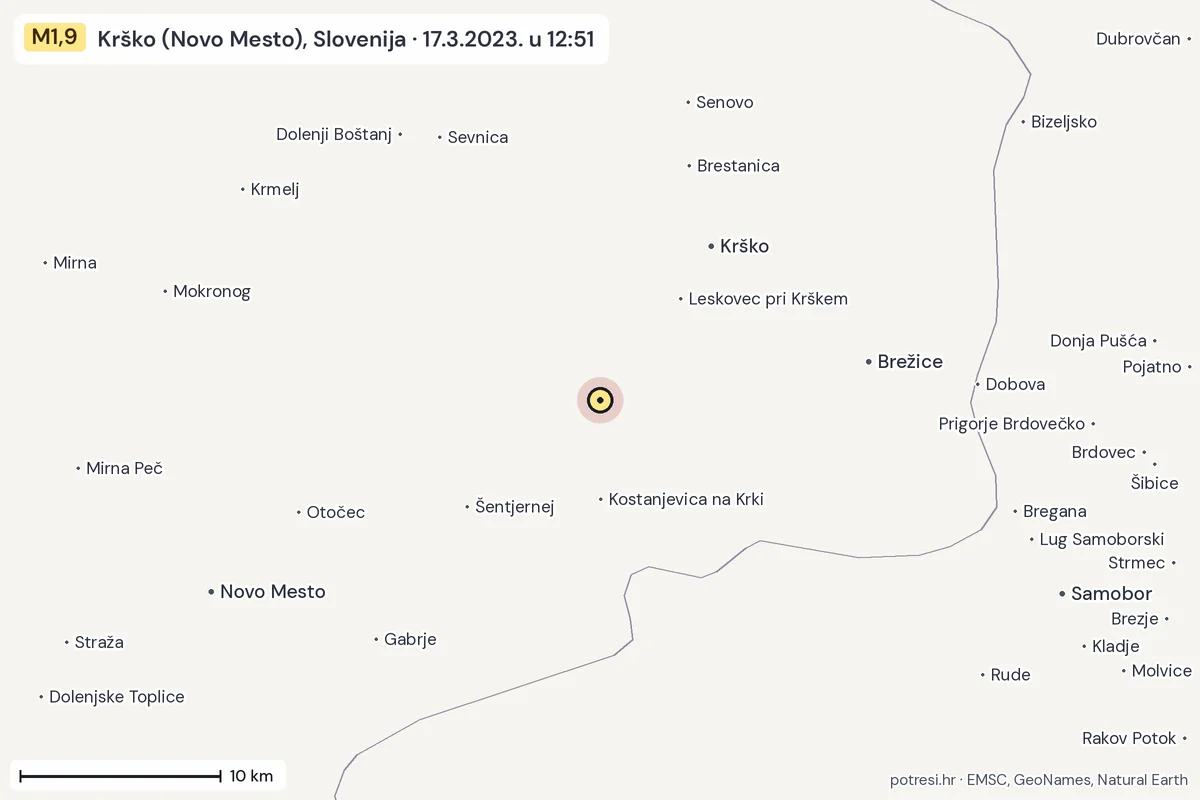 Karta: okolica epicentra, 60 km, potres M1,9, Krško (Novo Mesto), Slovenija, 17.3.2023.