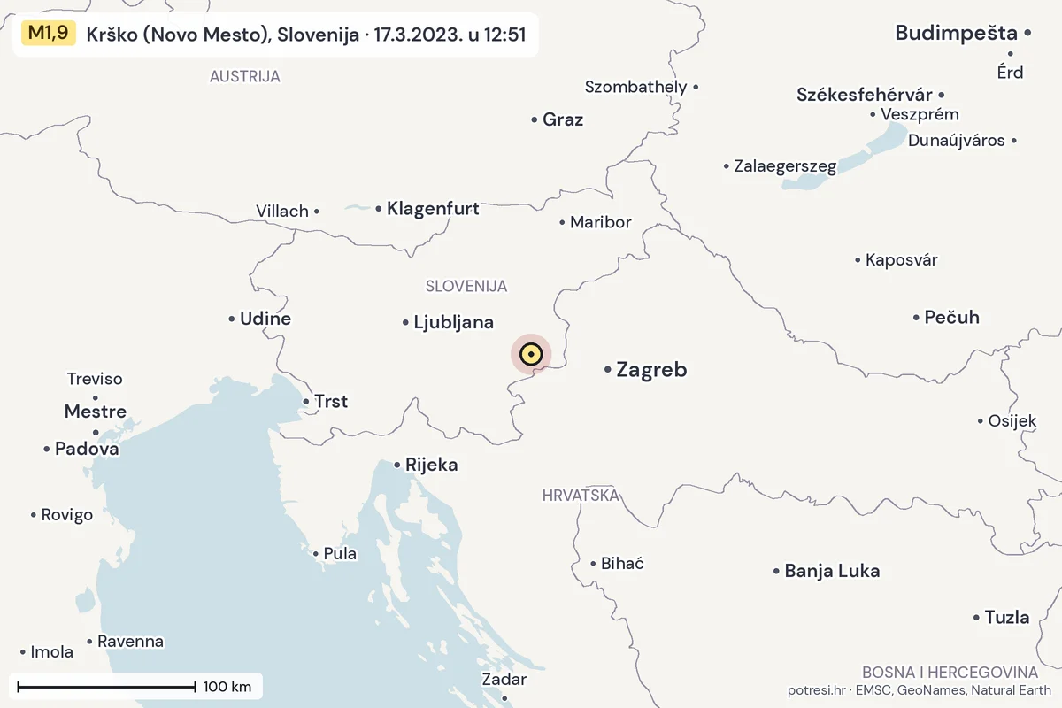 Karta: šire područje, 600 km, potres M1,9, Krško (Novo Mesto), Slovenija, 17.3.2023.