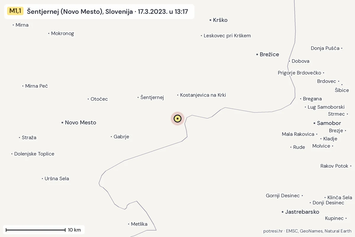 Karta: okolica epicentra, 60 km, potres M1,1, Šentjernej (Novo Mesto), Slovenija, 17.3.2023.