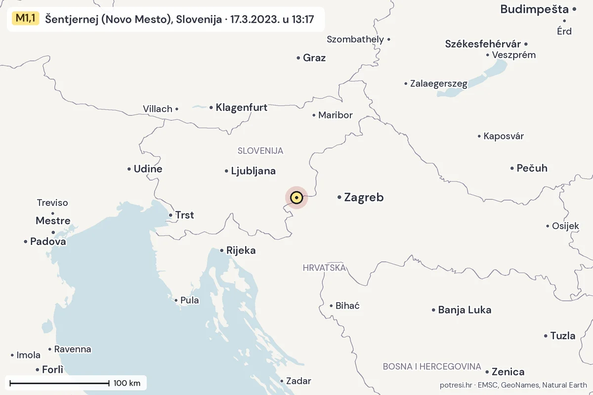 Karta: šire područje, 600 km, potres M1,1, Šentjernej (Novo Mesto), Slovenija, 17.3.2023.