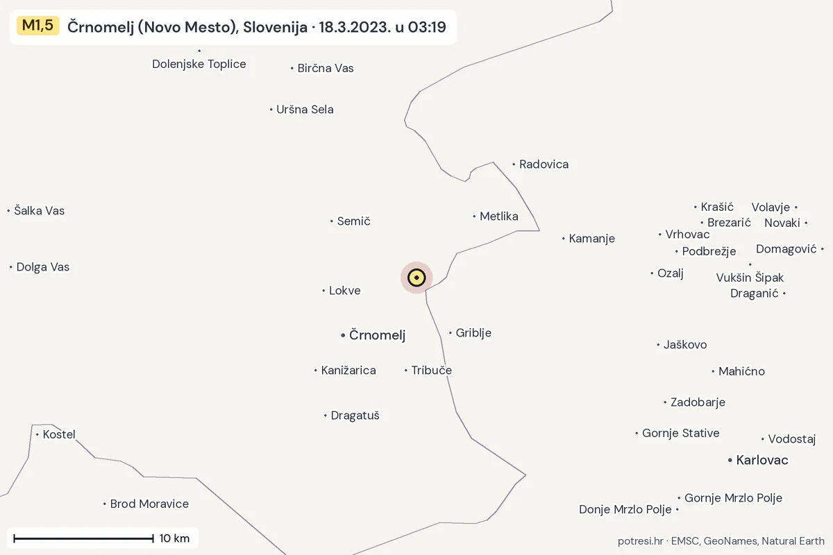 Karta: okolica epicentra, 60 km, potres M1,5, Črnomelj (Novo Mesto), Slovenija, 18.3.2023.