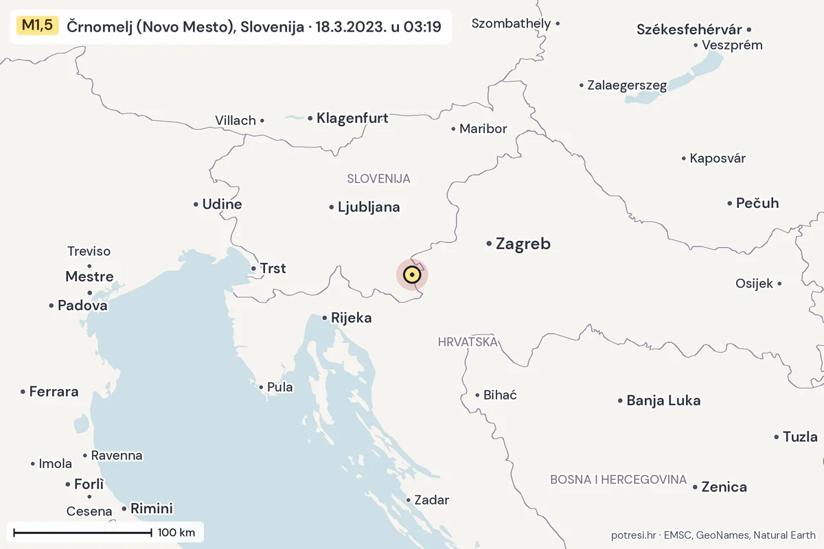 Karta: šire područje, 600 km, potres M1,5, Črnomelj (Novo Mesto), Slovenija, 18.3.2023.