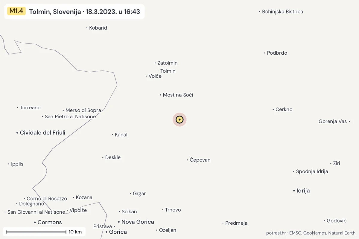 Karta: okolica epicentra, 60 km, potres M1,4, Tolmin, Slovenija, 18.3.2023.