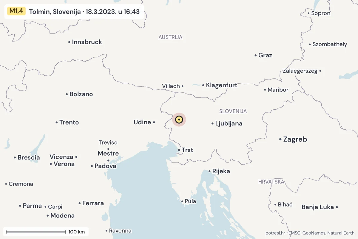 Karta: šire područje, 600 km, potres M1,4, Tolmin, Slovenija, 18.3.2023.
