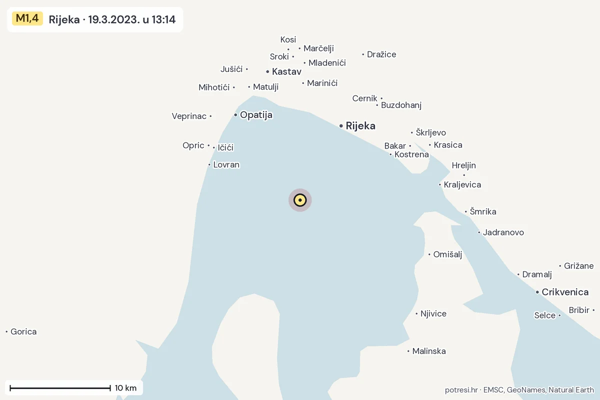 Karta: okolica epicentra, 60 km, potres M1,4, Rijeka, 19.3.2023.