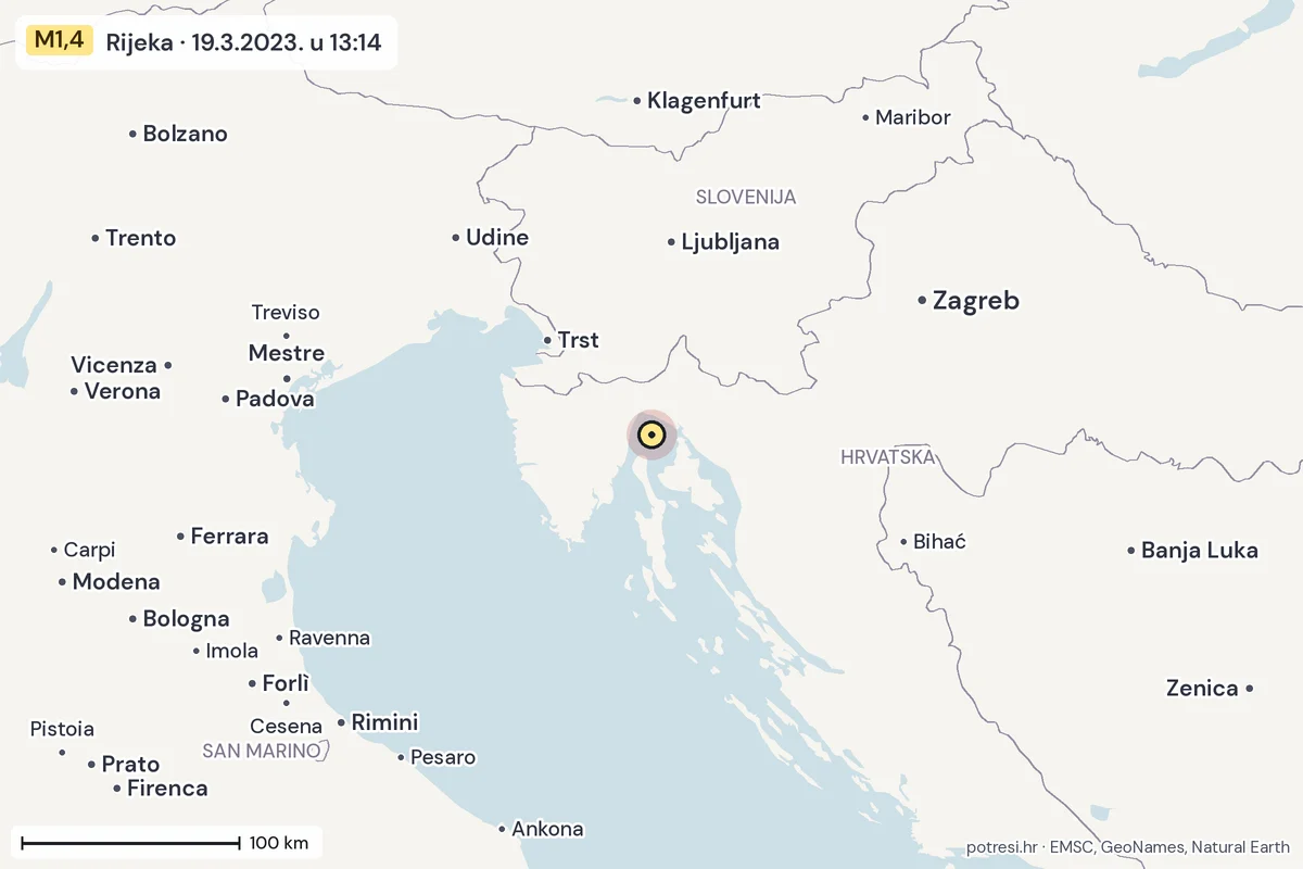 Karta: šire područje, 600 km, potres M1,4, Rijeka, 19.3.2023.