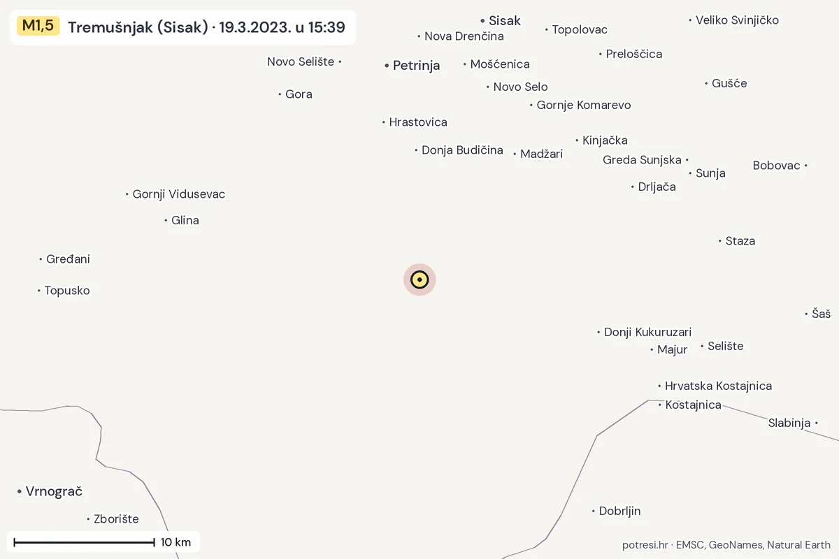 Karta: okolica epicentra, 60 km, potres M1,5, Tremušnjak (Sisak), 19.3.2023.