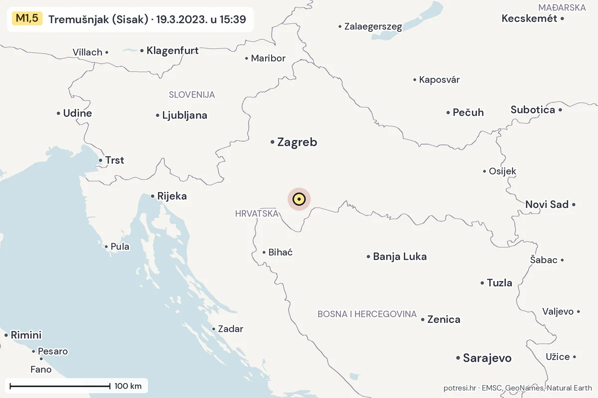 Karta: šire područje, 600 km, potres M1,5, Tremušnjak (Sisak), 19.3.2023.
