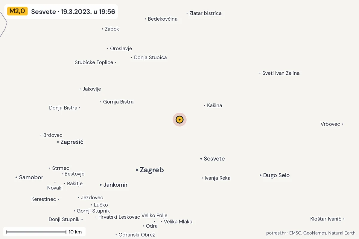 Karta: okolica epicentra, 60 km, potres M2,0, Sesvete, 19.3.2023.