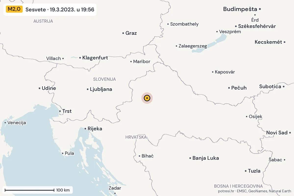 Karta: šire područje, 600 km, potres M2,0, Sesvete, 19.3.2023.