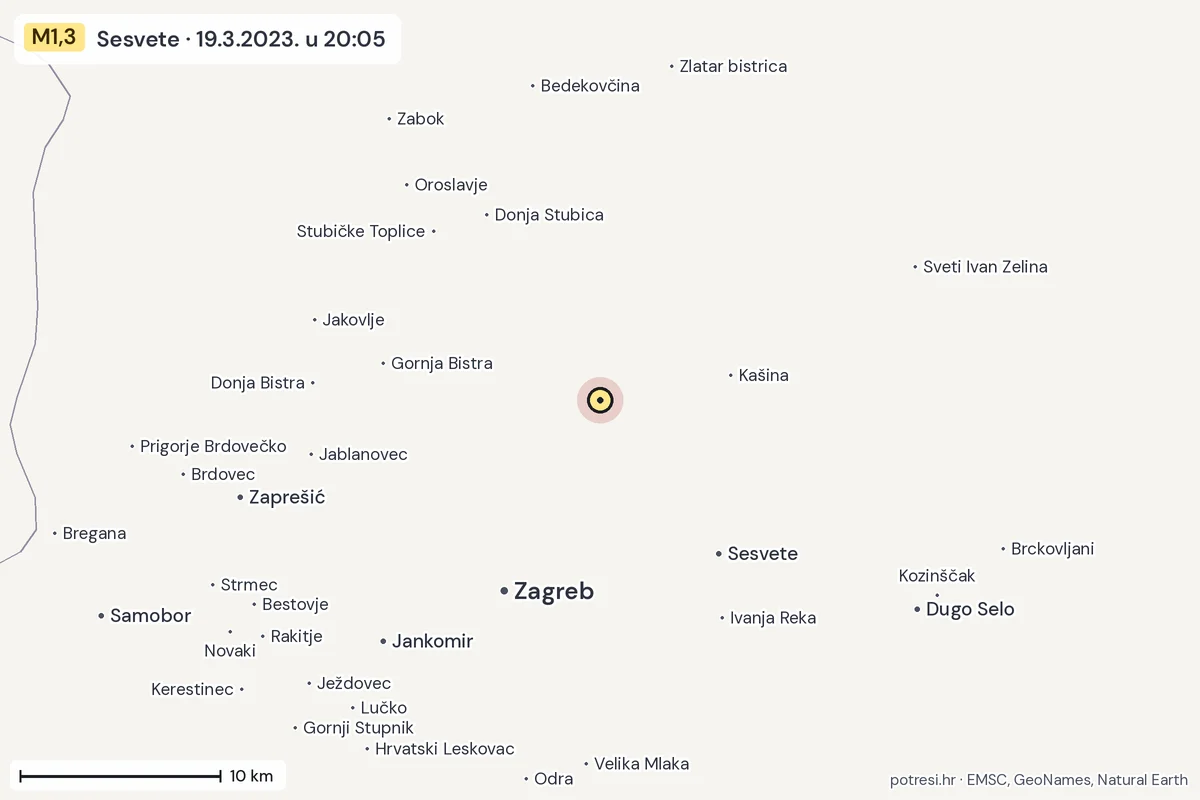 Karta: okolica epicentra, 60 km, potres M1,3, Sesvete, 19.3.2023.
