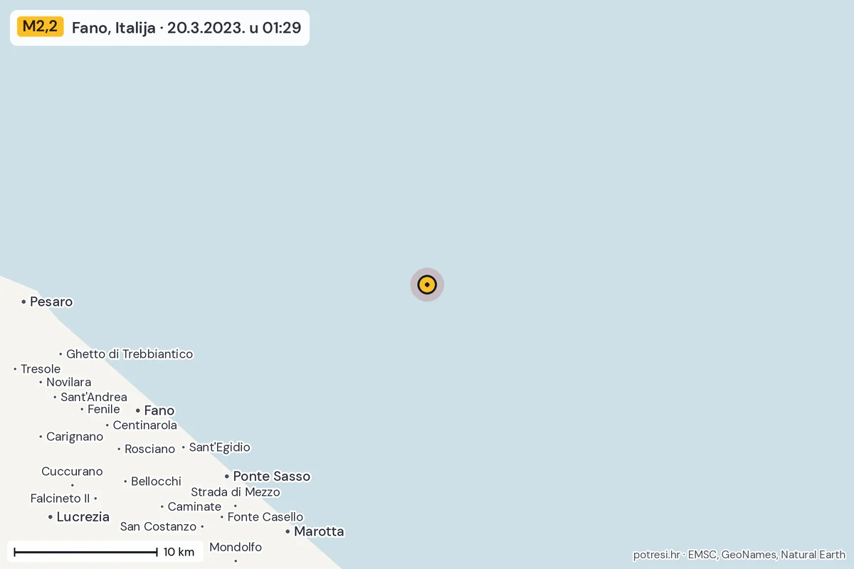 Karta: okolica epicentra, 60 km, potres M2,2, Fano, Italija, 20.3.2023.