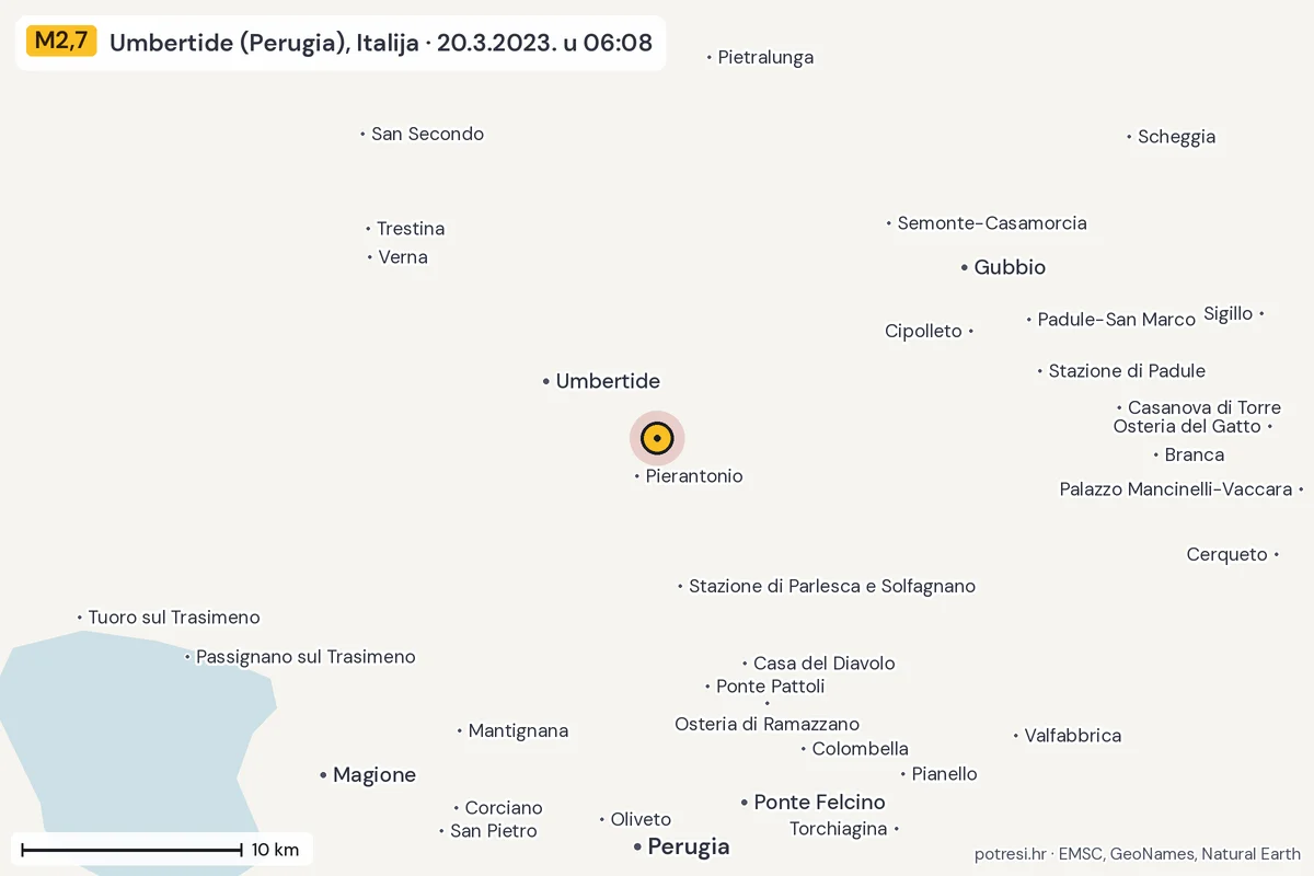 Karta: okolica epicentra, 60 km, potres M2,7, Umbertide (Perugia), Italija, 20.3.2023.