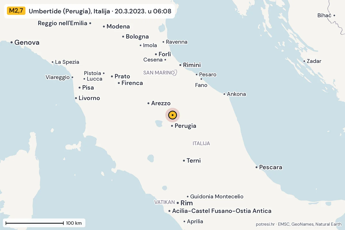 Karta: šire područje, 600 km, potres M2,7, Umbertide (Perugia), Italija, 20.3.2023.