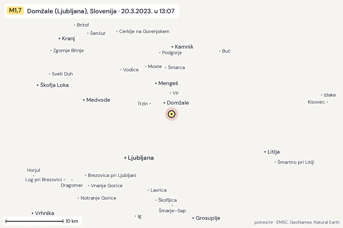 Karta: okolica epicentra, 60 km, potres M1,7, Domžale (Ljubljana), Slovenija, 20.3.2023.