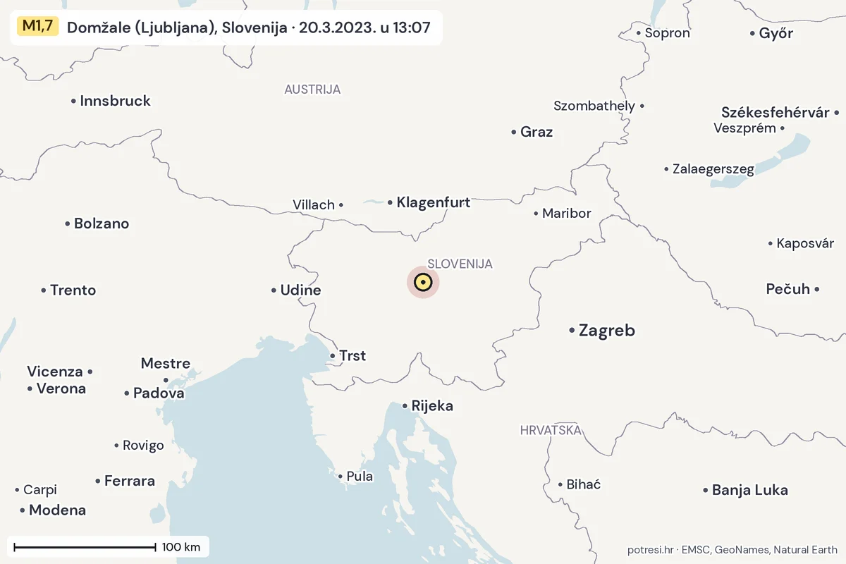Karta: šire područje, 600 km, potres M1,7, Domžale (Ljubljana), Slovenija, 20.3.2023.
