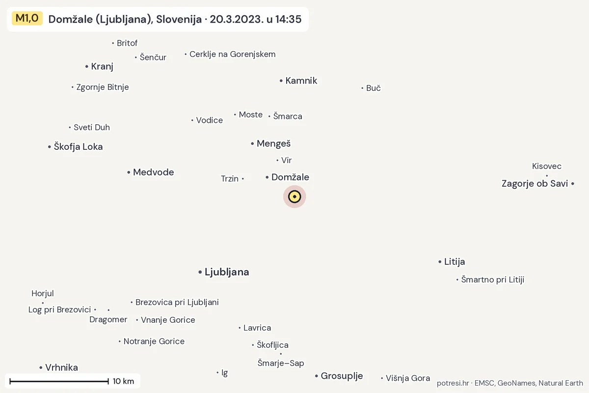 Karta: okolica epicentra, 60 km, potres M1,0, Domžale (Ljubljana), Slovenija, 20.3.2023.