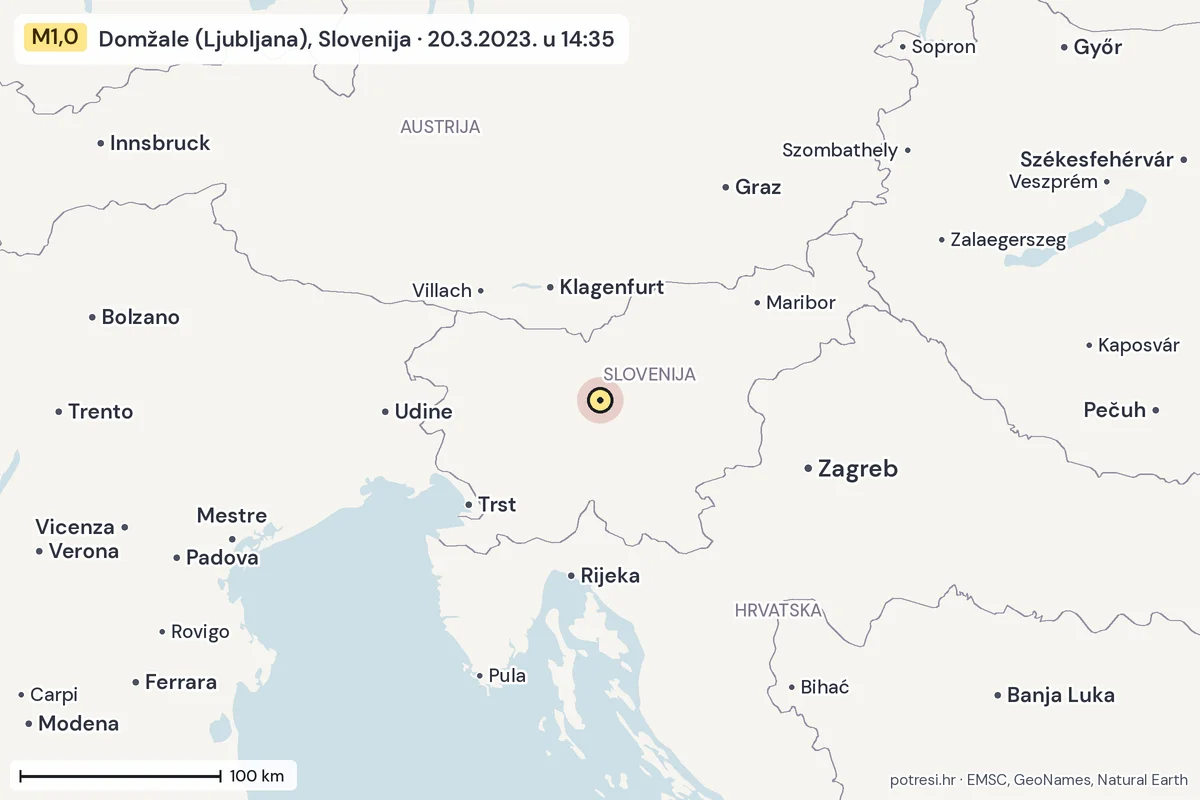 Karta: šire područje, 600 km, potres M1,0, Domžale (Ljubljana), Slovenija, 20.3.2023.