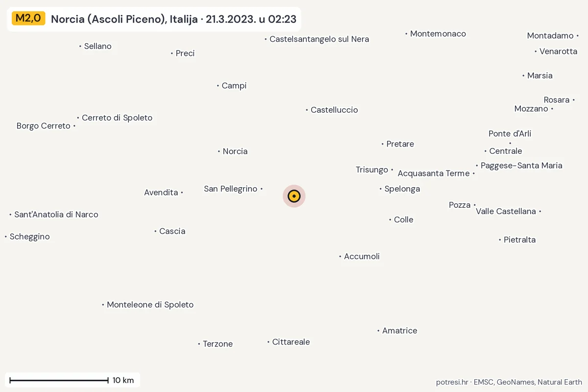 Karta: okolica epicentra, 60 km, potres M2,0, Norcia (Ascoli Piceno), Italija, 21.3.2023.