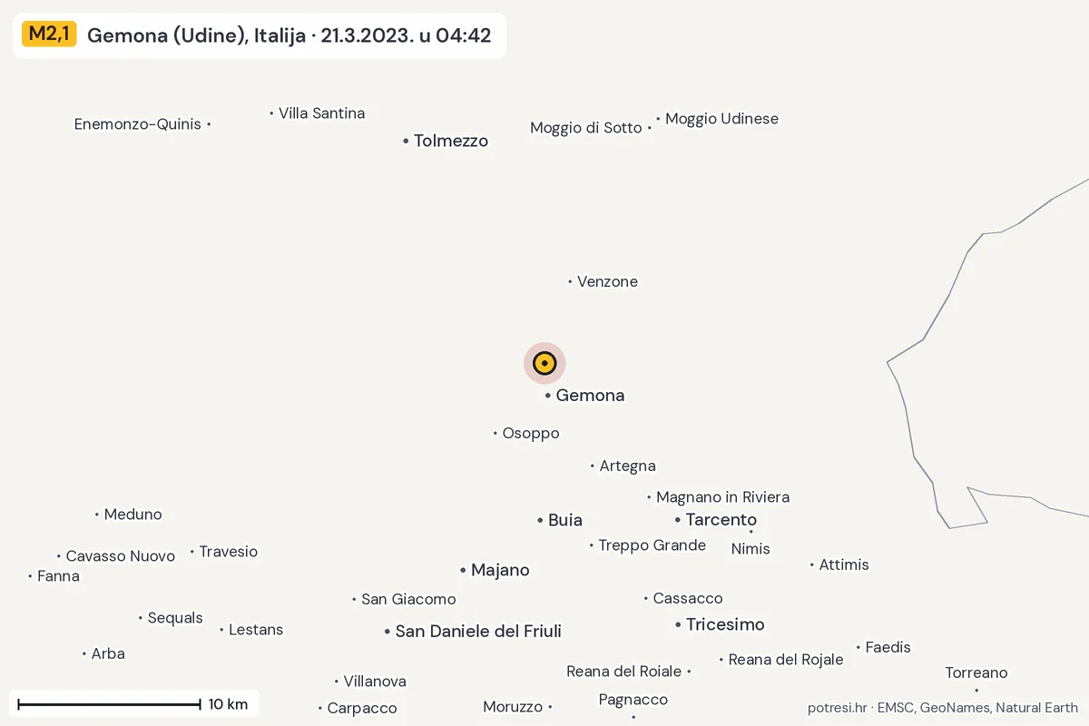 Karta: okolica epicentra, 60 km, potres M2,1, Gemona (Udine), Italija, 21.3.2023.