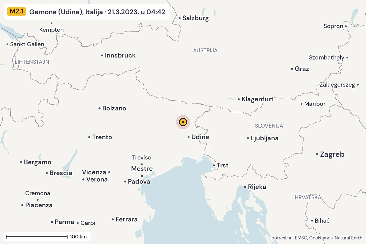 Karta: šire područje, 600 km, potres M2,1, Gemona (Udine), Italija, 21.3.2023.