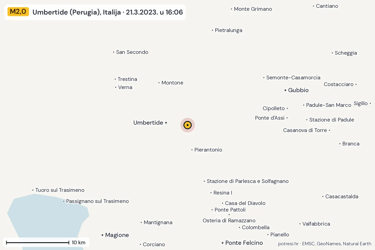 Karta: okolica epicentra, 60 km, potres M2,0, Umbertide (Perugia), Italija, 21.3.2023.
