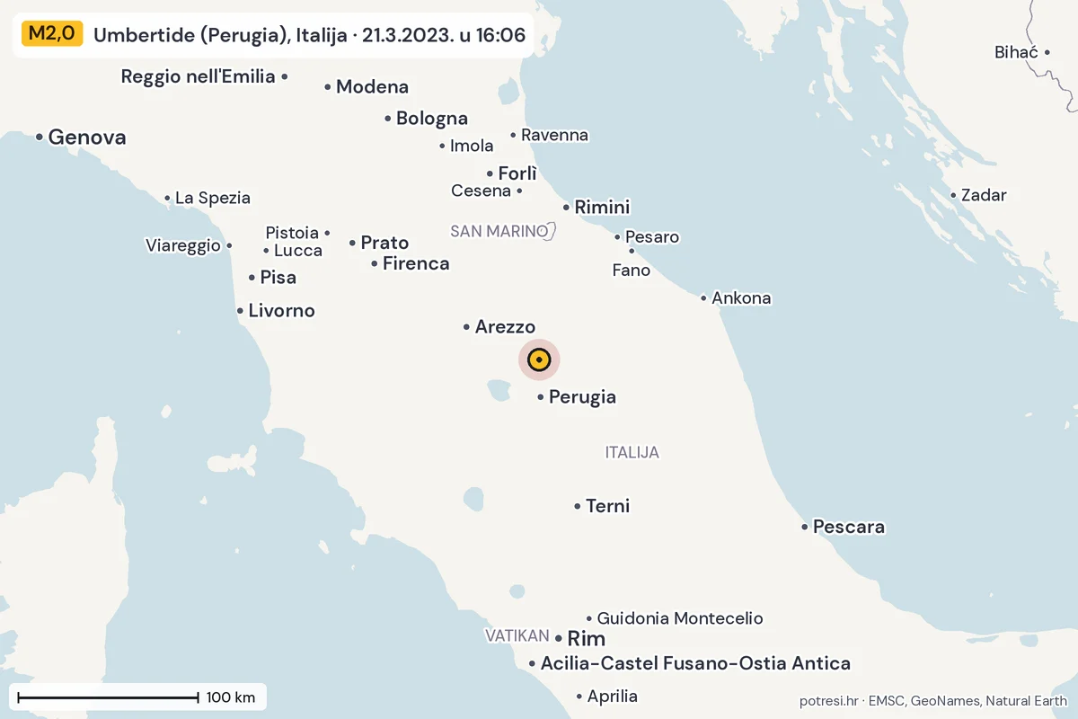 Karta: šire područje, 600 km, potres M2,0, Umbertide (Perugia), Italija, 21.3.2023.