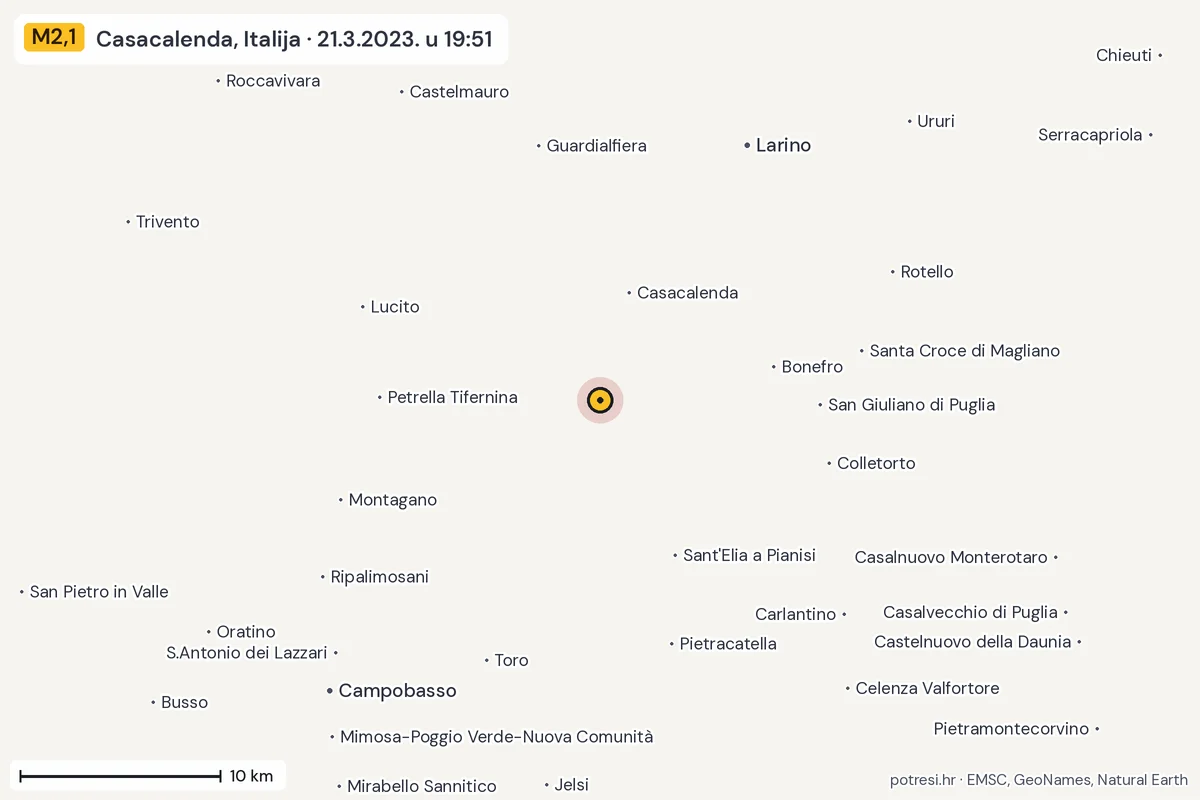 Karta: okolica epicentra, 60 km, potres M2,1, Casacalenda, Italija, 21.3.2023.