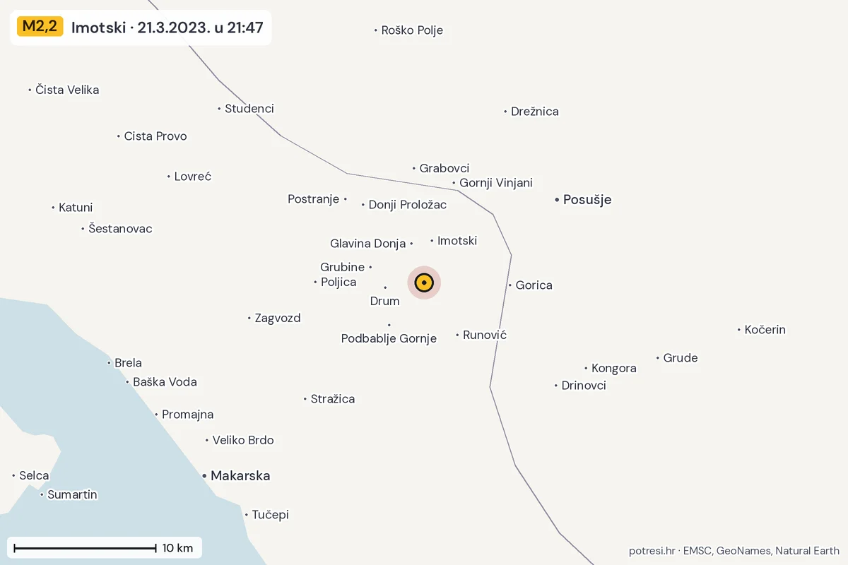 Karta: okolica epicentra, 60 km, potres M2,2, Imotski, 21.3.2023.