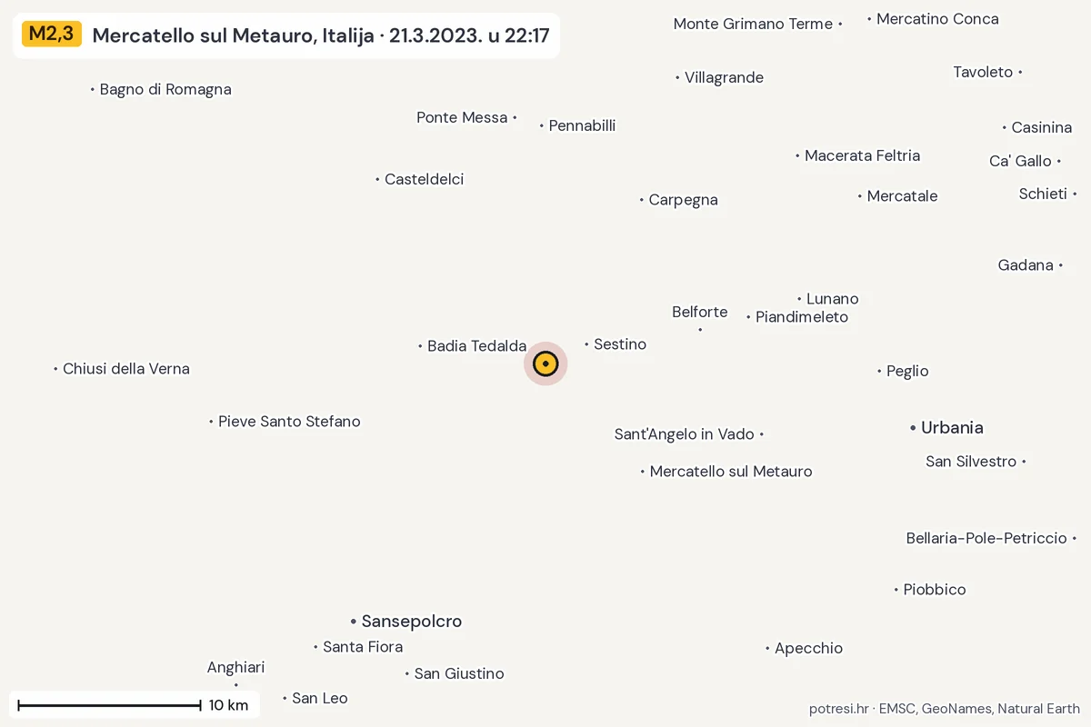 Karta: okolica epicentra, 60 km, potres M2,3, Mercatello sul Metauro, Italija, 21.3.2023.