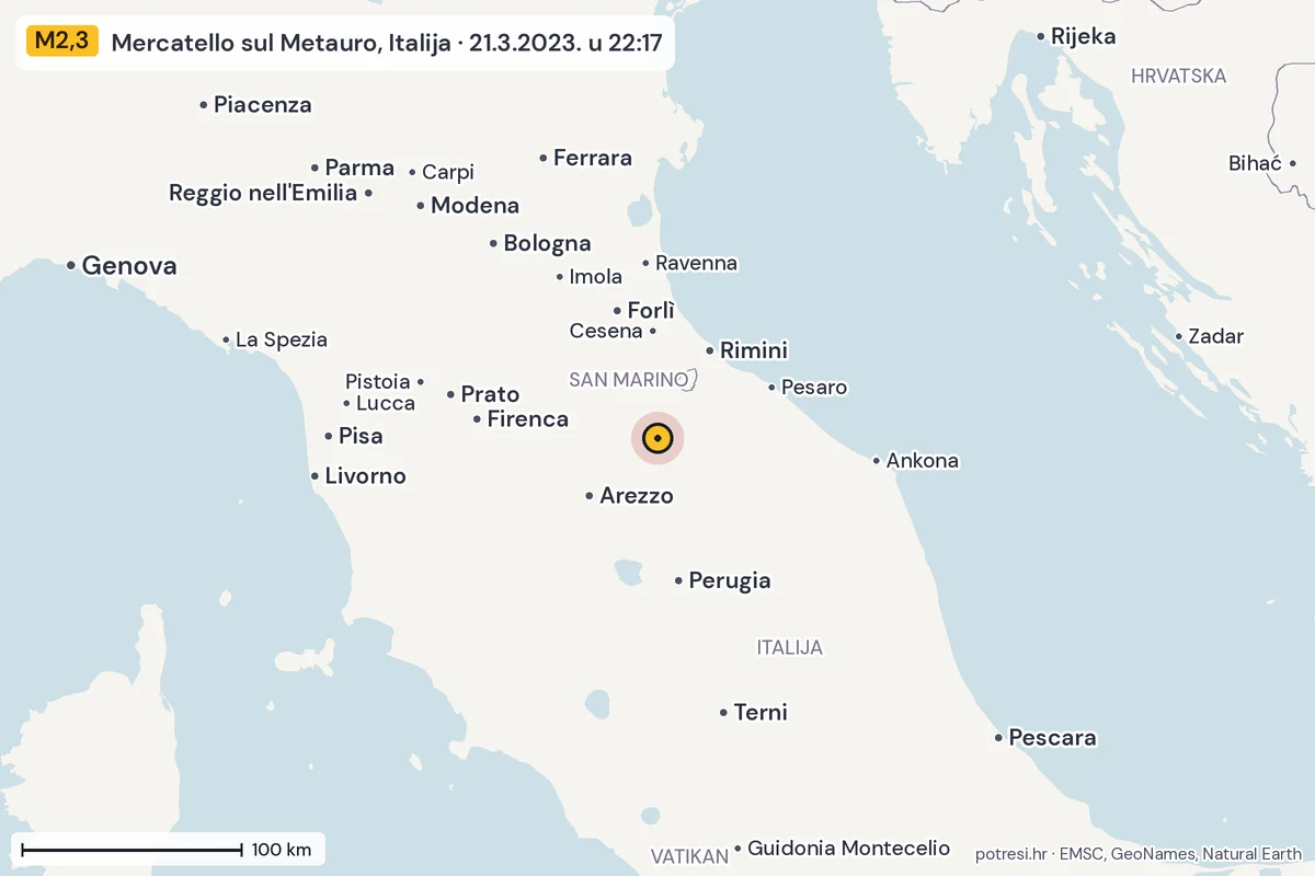 Karta: šire područje, 600 km, potres M2,3, Mercatello sul Metauro, Italija, 21.3.2023.