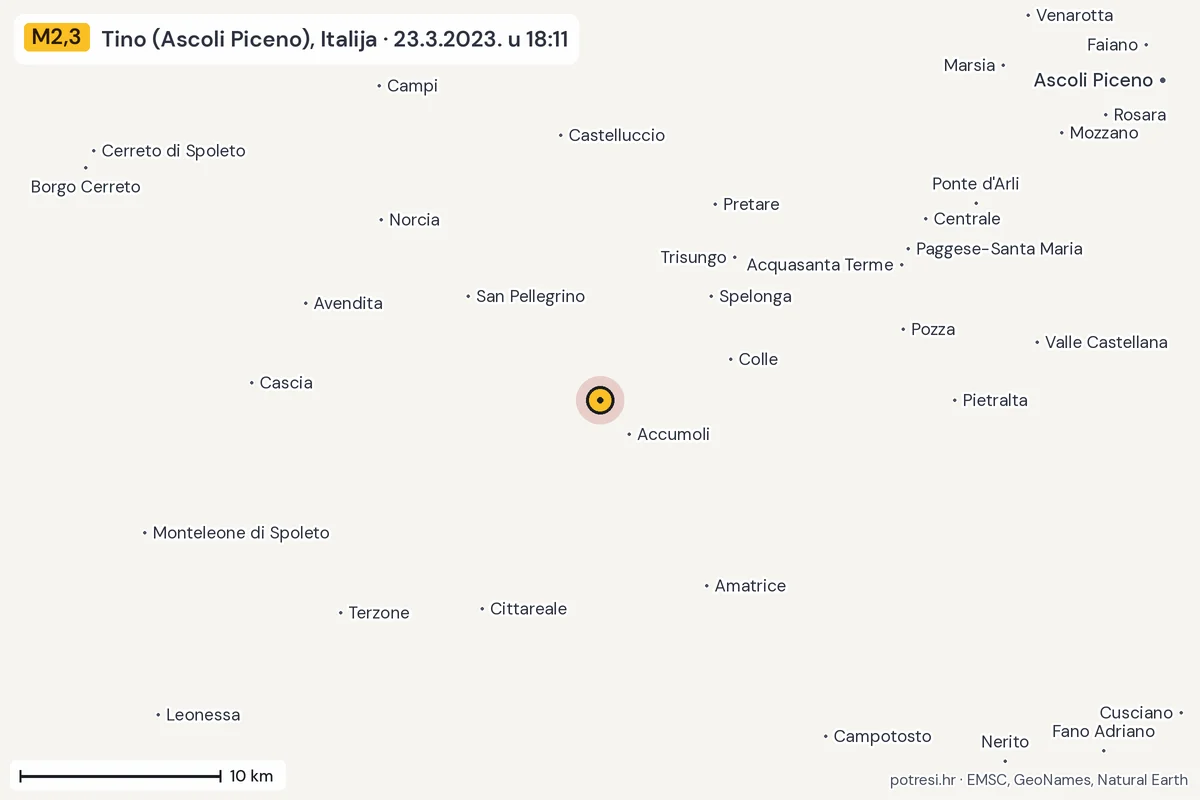 Karta: okolica epicentra, 60 km, potres M2,3, Tino (Ascoli Piceno), Italija, 23.3.2023.