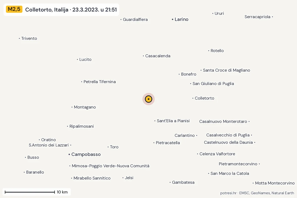 Karta: okolica epicentra, 60 km, potres M2,5, Colletorto, Italija, 23.3.2023.
