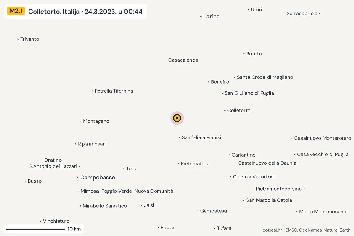 Karta: okolica epicentra, 60 km, potres M2,1, Colletorto, Italija, 24.3.2023.