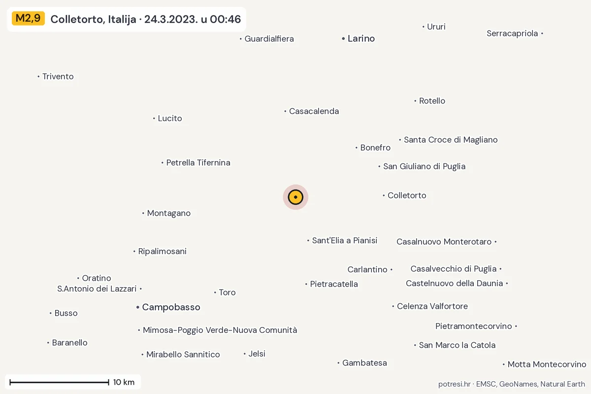 Karta: okolica epicentra, 60 km, potres M2,9, Colletorto, Italija, 24.3.2023.