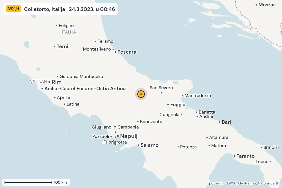 Karta: šire područje, 600 km, potres M2,9, Colletorto, Italija, 24.3.2023.
