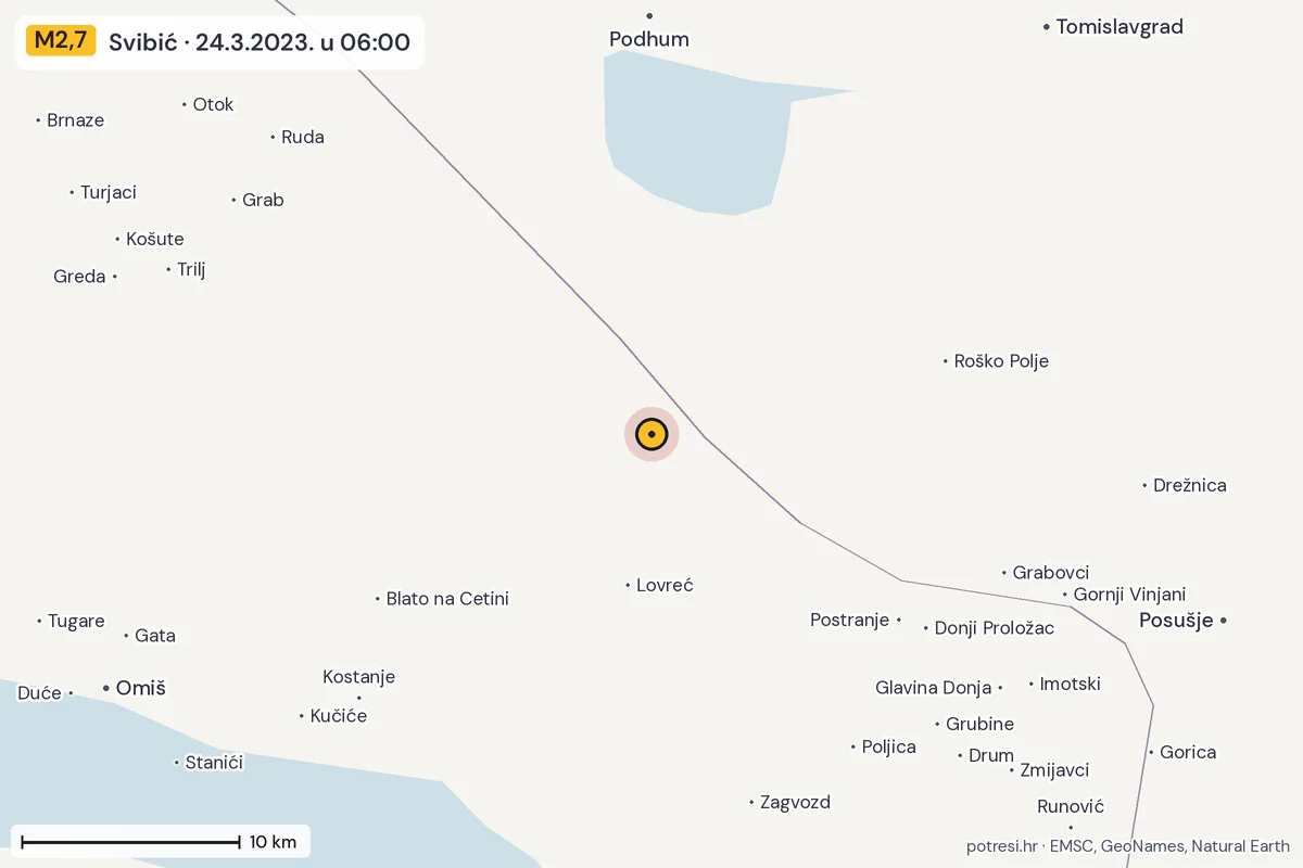 Karta: okolica epicentra, 60 km, potres M2,7, Svibić, 24.3.2023.